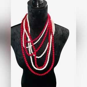 Red & White Multi Strand Beaded Statement Necklace